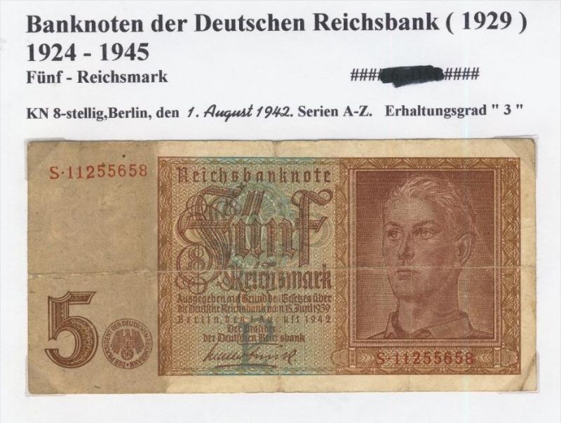 Banknoten Der Deutschen Reichsbank Von 1924 1945 5 Reichsmark 51 3 Nr Oldthing Dt Reich 1871 1945 Sonstige