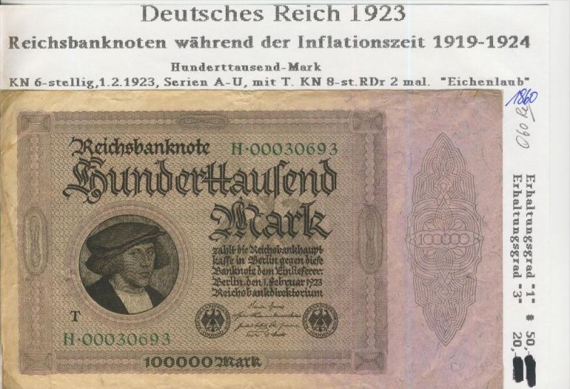 Deutsches Reich Reichsbanknote Wahrend Der Inflationszeit V 1923 100 Tausend Mark 1860 Nr Oldthing Dt Reich 1871 1945 Son