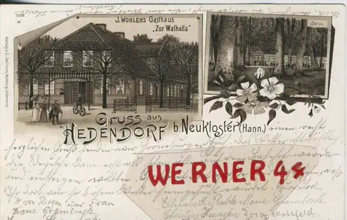 Gruss aus Hedendorf b. Neukloster v. 1898  Gasthaus "Zur Walhalla",Inh. J.Wohlers  --  siehe Foto !!  (30600)
