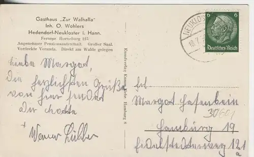 Gruss aus Hedendorf b. Neukloster v. 1938 Gasthaus "Zur Walhalla",Inh. J.Wohlers  --  siehe Foto !!  (30601)