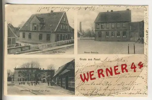 Gruss aus Assel v. 1905  Alte Schule,Neue Schule,Jahncke`s Gasthof "Zur Post"  --  siehe Foto !!  (30615)