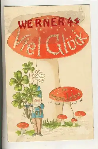Neujahr v. 1902  Zwerg unterm Pilz mit Kleeblätter in Prägedruck  (30899-10)