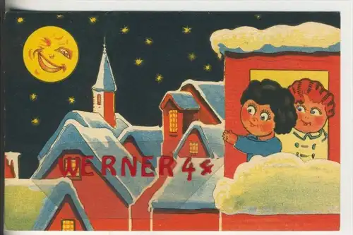 Zwei Mädchen am Fenster im Winter die Dächer voll Schnee mit lachenden Mond v. 1920   (31804)