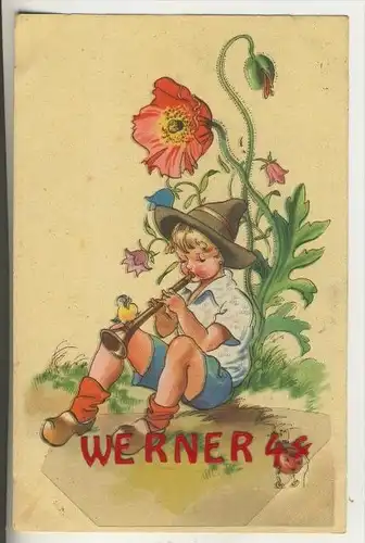 Junge spielt Flöte und ein Vogel sitzt darauf v. 1944    (31809)