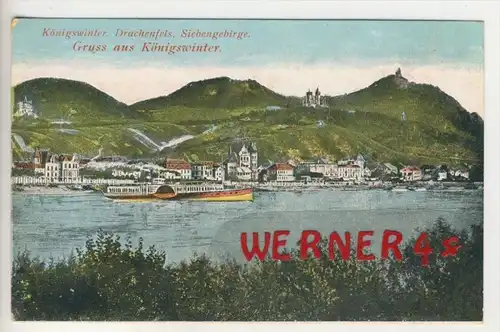 Gruss aus Königswinter v. 1910  Teil-Dorf-Ansicht mit Rhein und Schiff   (33877)