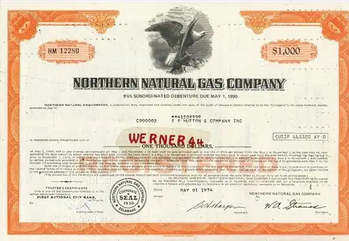 Northern Natural Gas Company von 1974  Nennwert 1000 Dollar  (40536)