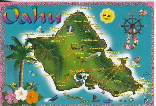 Oahu v. 1990  Insel-Landkarte mit Orte  (41708)