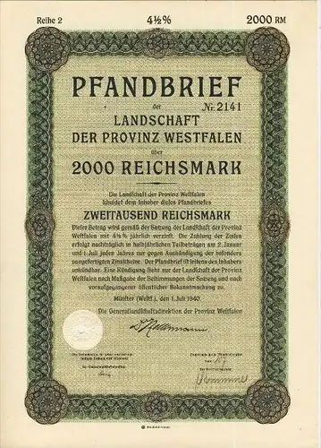 Pfandbrief v. 1940  Landschaft der Provinz Westfalen über 2000 Reichsmark  (43967)
