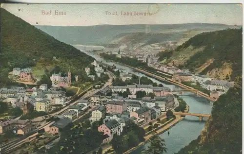 Bad Ems v. 1909  Total Stadtansicht mit dem Bahnhof - Lahn abwärsts (44720)