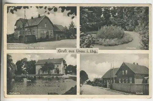 Gruss aus Linau v.1955 Ehrenmal,Gemischtwaren v. OttoCarstens,Dorfpartie,Schule   (721-N)