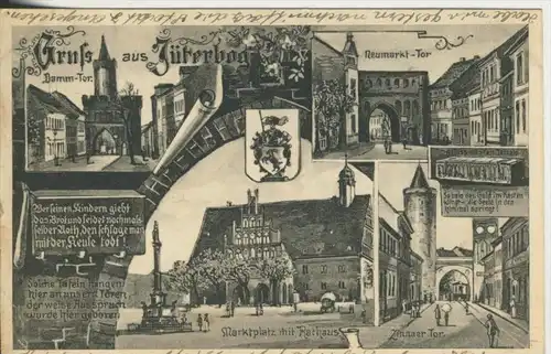 Gruss aus Jüterbog v.1918 Damm Tor,Wappen,Neumarkt Tor,Marktplatz mit Rathaus,Zinnaer Tor  (1116-N)