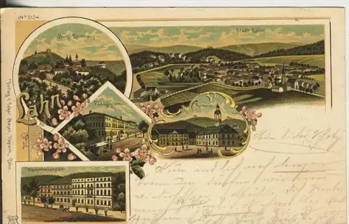 Lähn v. 1901  Dorfansicht,Burg Lehnhaus,Pädagogium,Rathaus,Wasserheilanstalt  (45309)