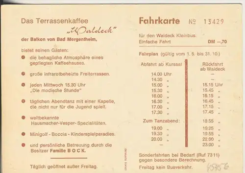 Bad Mergentheim v. 1964  Terrassencafe "Waldeck",Bes. Fam. Bock -- Werbekarte  (45456)