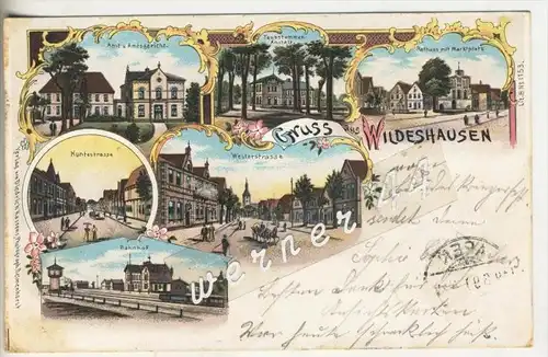 Gruss aus Wildeshausen v. 1899  Amtsgericht,Taubstummen-Anstalt,Marktplatz,Huntestr.,Bahnhof,Westerstrasse  (1310)