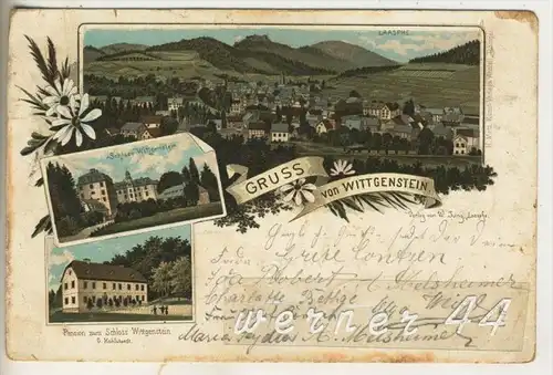 Gruss von Wittgenstein v. 1896  Stadt,Schloß,Pension zum Schloß Wittgenstein  (1830)