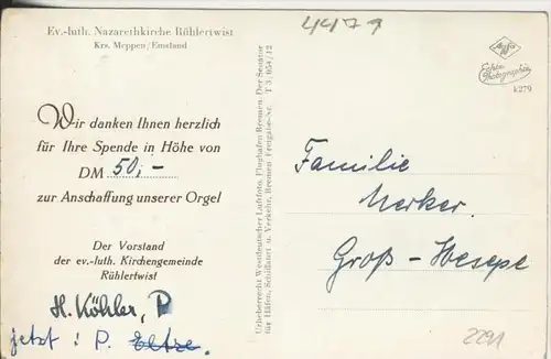 Rühlertwist v. 1954  Nazarethkirche -- Spende für eine Orgel !!  (2291)
