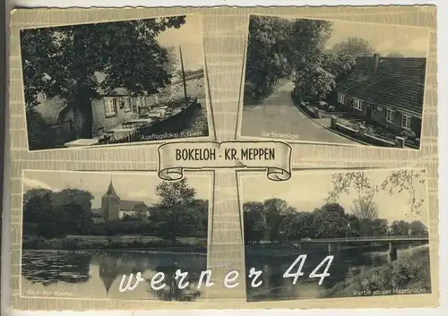 Bokeloh, Kr. Meppen v. 1955 Ausflugslokal Ww. F. Giese, direkt an der Hase,Gartenlage,Hasebrücke,Kirche  (3046)