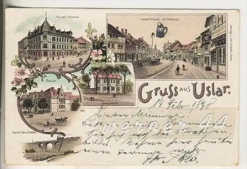 Gruss aus Uslar v.1898  Postamt,Schule,Viadukt beim Eichholz,Amtsgericht,Lange Strasse (4752)