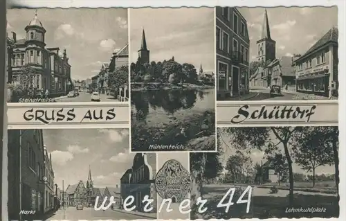 Gruss aus Schüttorf v. 1966  Steinstrasse,Mühlenteich,Drogerie Rost,Markt,Lehmkuhlplatz  (5400-7)