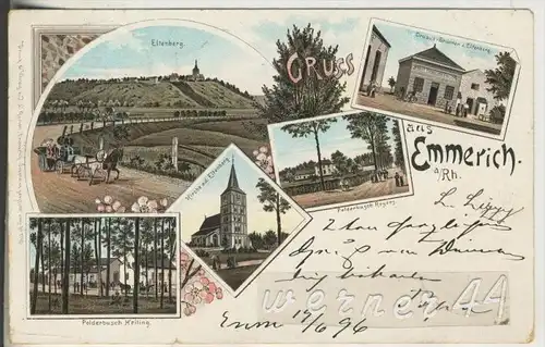 Gruss aus  Emmerich v. "1896"  Eltenberg,D.-Brunnen,Polderbusch Heiting,Kirche,Polderbusch Reyers  (5695)