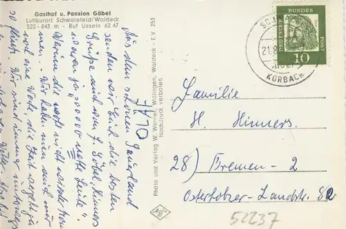 Schwalefeld / Waldeck v. 1962  Gasthof u. Pension "Göbel" mit Dorfansicht  (52237)