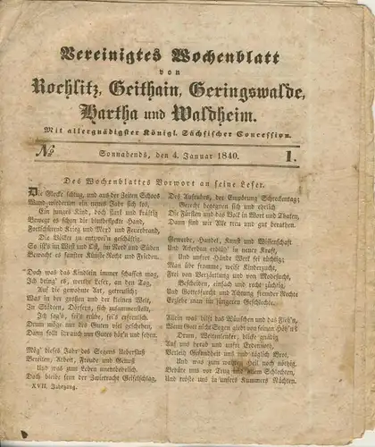 Vereinigtes Wochenblatt v. 4.1.1840 Rochlitz,Geithain,Geringswalde,Wartha,Waldheim (54981)