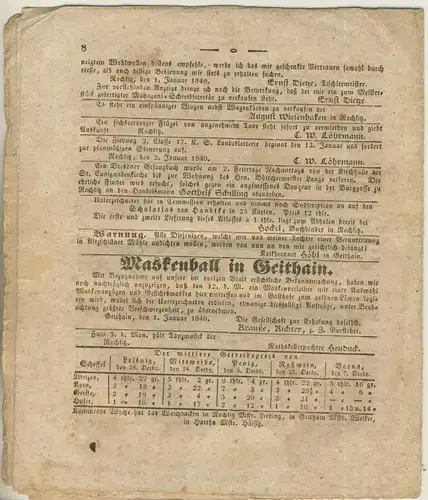 Vereinigtes Wochenblatt v. 4.1.1840 Rochlitz,Geithain,Geringswalde,Wartha,Waldheim (54981)