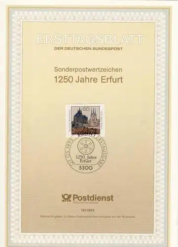 BRD - ETB (Ersttagsblatt) 18/1992 Michel 1611 - 1250 Jahre Erfurt