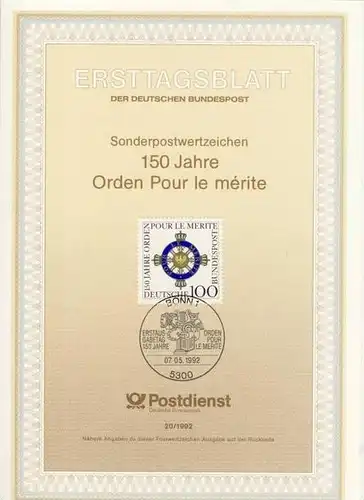 BRD - ETB (Ersttagsblatt) 20/1992 Michel 1613 - Orden Pour le mérite