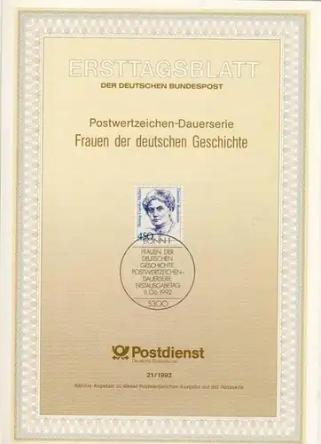 BRD - ETB (Ersttagsblatt) 21/1992 Michel 1614 - 450Pf Frauen Hedwig Courths-Maler