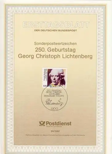 BRD - ETB (Ersttagsblatt) 23/1992 Michel 1616 - Georg Christoph Lichtenberg