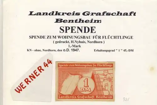 Städte Notgeldscheine -  v. 1947 Landkreis Graf. Bentheim 1 Mark.  "NOTGELD" (981)