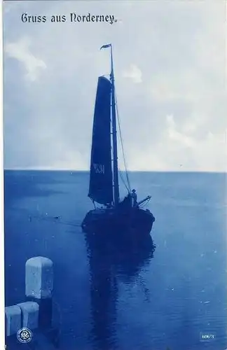 Gruss aus Norderney v. 1908  Fischerboot kehrt heim (blaue Karte) -- siehe Foto !!  (32145)