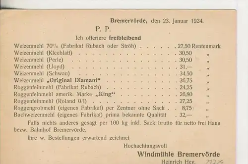 Bremervörde v. 1924   Windmühle Bremervörde,Getreide,Mehl-Inh: Heinrich Hey  (Postkarte)   ---  siehe Foto !!   (28729)