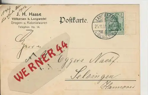 Völkersen b. Langwedel v. 1911  J. A. Haase, Drogen- u. Kolonialwaren    (Postkarte)   ---  siehe Foto !!   (28788)