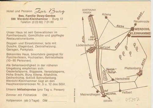 Werdohl-Kleinhammer v. 1974  Hotel & Pension "Zur Burg" - Werbekarte (45207)