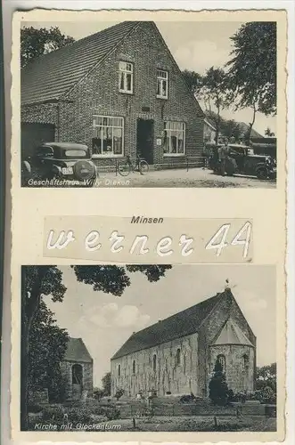 Minsen v.1937  Geschäftshaus W. Dieken &  Kirche mit Glockenturm  (8358)