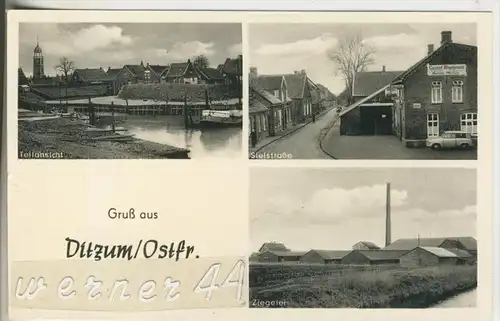 Gruss aus Ditzum v.1954 Sielstrasse und Gasthof Rheiderland,Inh. Heinrich Mertens,Teil-Dorf-Ansicht,Ziegelei (8899)