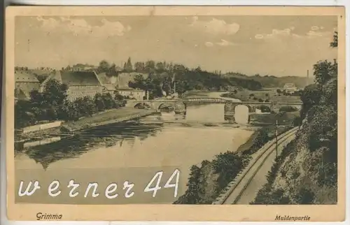 Grimma v.1920  Muldenpartie mit Brücke,Teil Stadt und Bahnlinie  (10131)