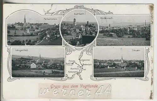 Gruss aus dem Vogtland v.1914  Falkenstein,Auerbach,Rodewisch,Lengenfeld,Treuen  (16687)