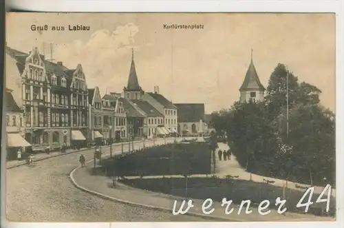 Gruss aus Labiau v.1915 Kurfürstenplatz -- mit Strassensicht und Geschäfte  (16724)