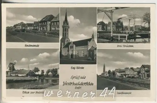 Westrhauderfehn v.1964 Unterende,Kirche,Drei Brücken,Blick zur Mühle,Unterende (17379)