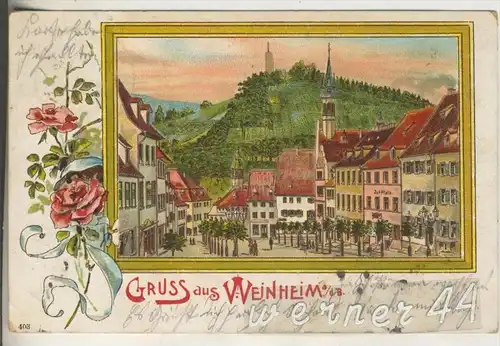 Gruss aus Weinheim v. 1906 Markt und Geschäfte und Hotel "Zur Pfalz"  (26956)