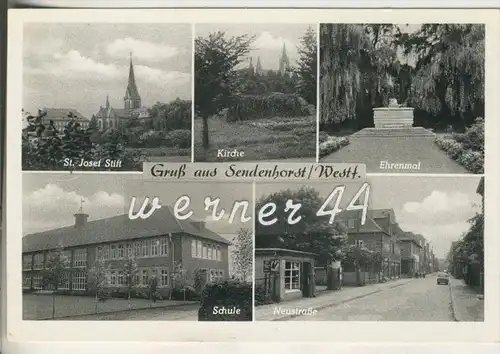 Gruss aus Sendenhorst v.1955  St.Josef Stift,Kirche,Ehrenmal,Schule,Neustrasse mit Kiosk (21292)