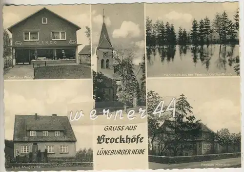 Brockhöfe von 1962 Kaufhaus Wenck,Haus Margarethe,Kirche,Pension Niemaa,Fischteich b. d. Pension Cordes-Bruch  ( 22711 )