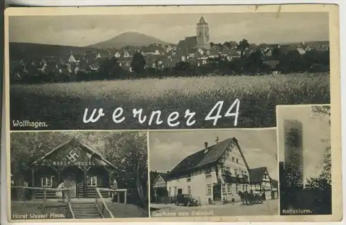 Wolfhagen v. 1937 Dorfansicht,Gasthaus "Zum Bahnhof",Kattenturm und Horst Wessel Haus  (24137)