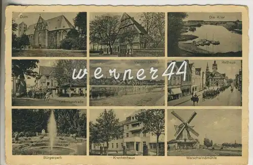 Verden v. 1936 9 Aller,Ostertorstrasse,Dom,Aufzug am Rathaus,Krankenhaus,Marschwindmühle(37620)