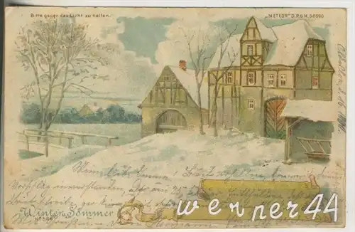 Winterlandschaft mit Bauernhof v. 1900 Halt gegen das Licht -- Heuwagen mit 2 Pferde und Bauer und Bauernhof   (38500)