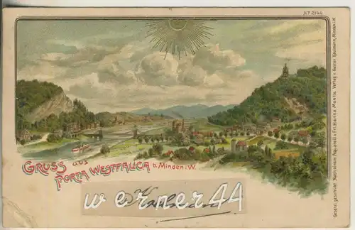 Porta Westfalica v. 1903  Dorfansicht mit Sonne in Prägedruck  (46964)