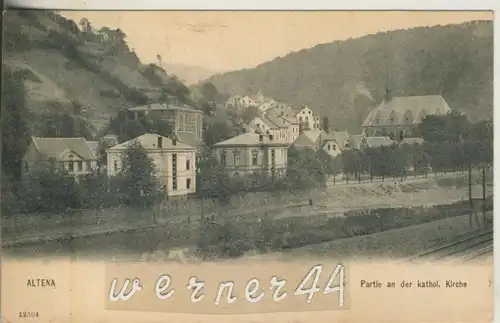 Altena v. 1906  Partie an der kath. Kirche mit Fluß und Bahngleise  (47007)